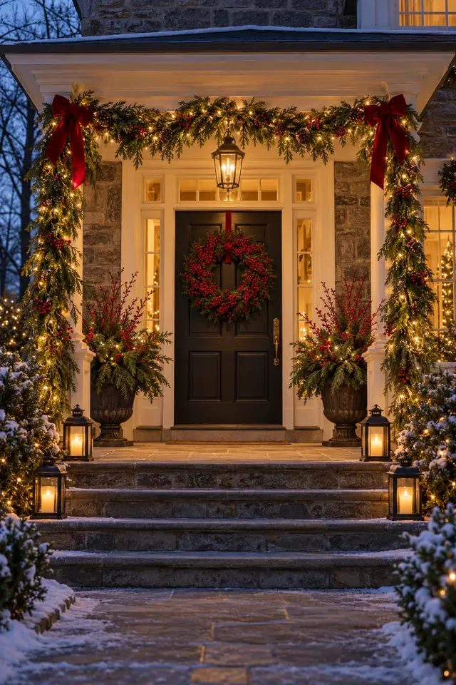 Christmas porch decor ideas with a red wreath and glowing entry garland