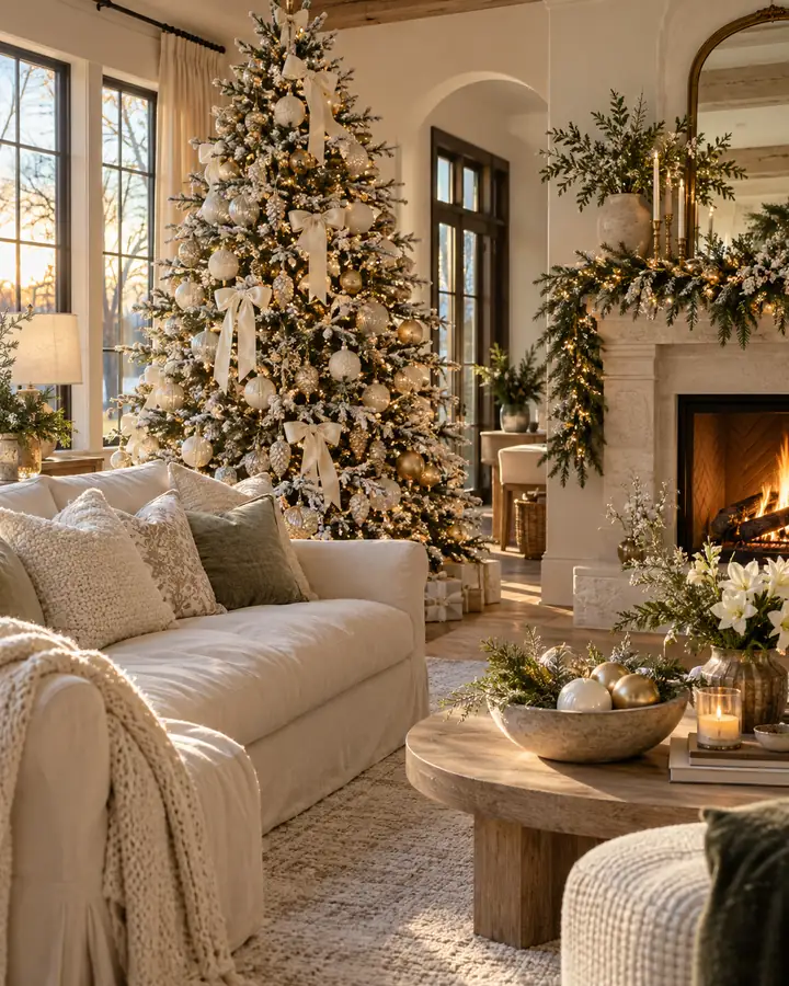 White Christmas decor ideas in a warm living room