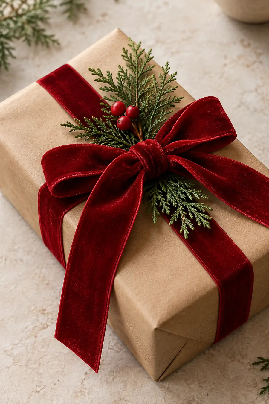 Kraft-wrapped Christmas gift with red velvet bow and cedar sprig.