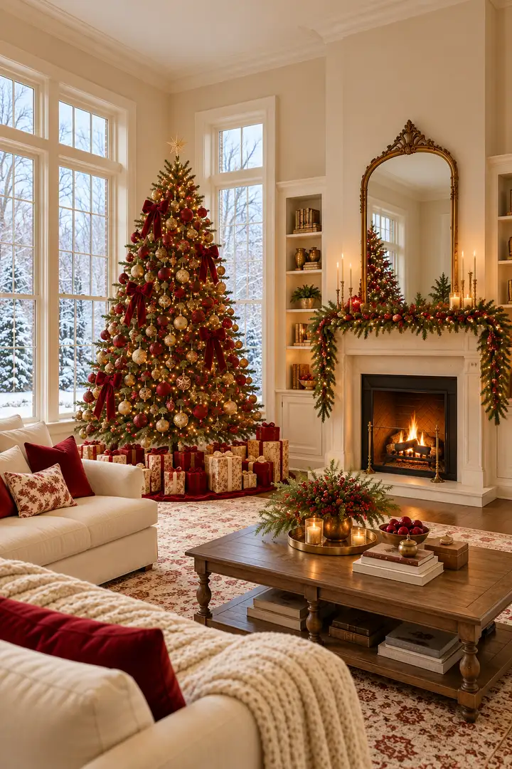 Red Christmas decor ideas around a gold-trimmed living room tree