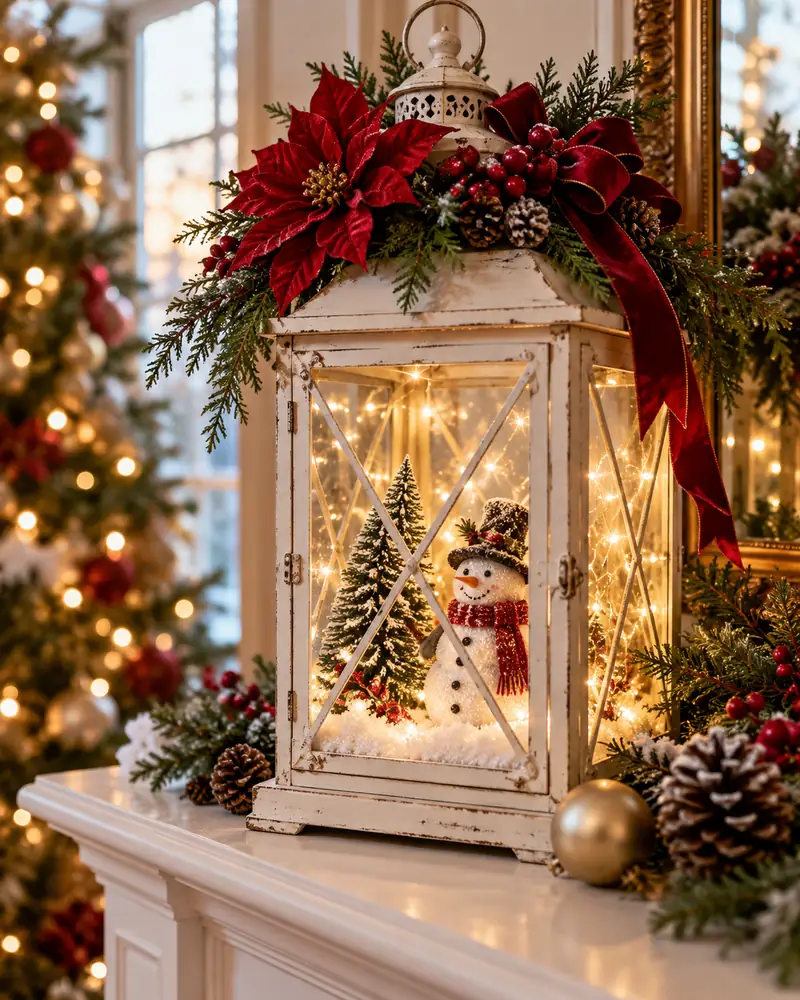 Snowman Christmas lantern with red poinsettias and warm lights