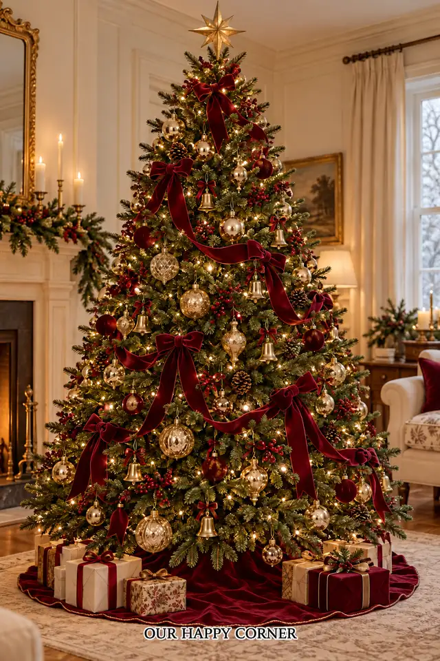 Red and gold Christmas tree decorating ideas with cascading velvet ribbon