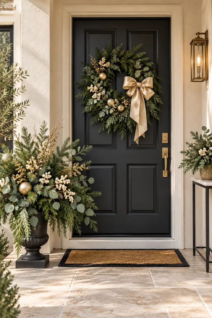 Charcoal front door with a Christmas wreath and champagne bow