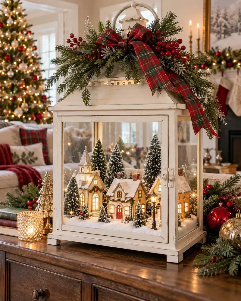 Lantern decor ideas for Christmas with a glowing miniature village