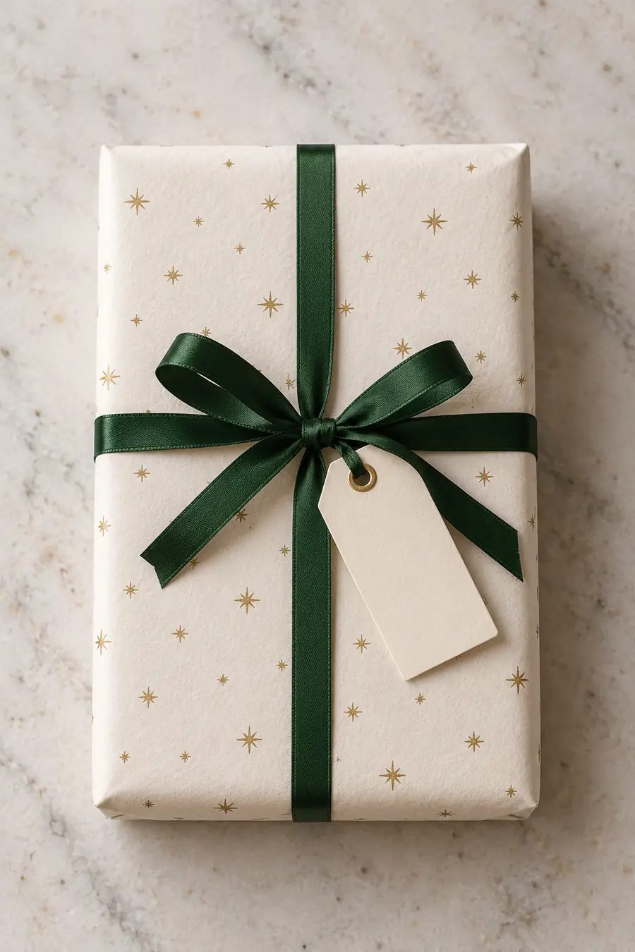 Ivory Christmas gift wrap with gold stars and green ribbon.