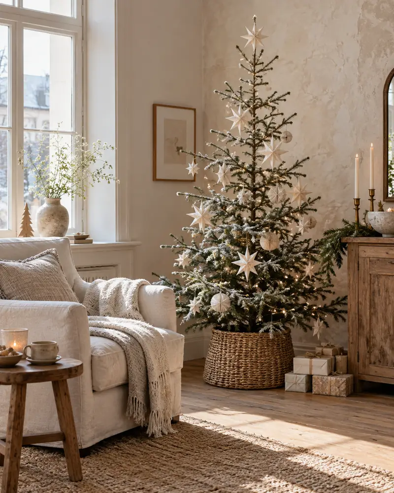 Slim Christmas tree with white ornaments and woven basket