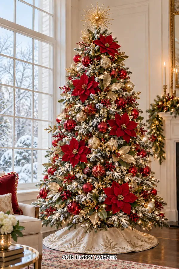 Flocked Christmas tree with red poinsettias and gold magnolia leaves