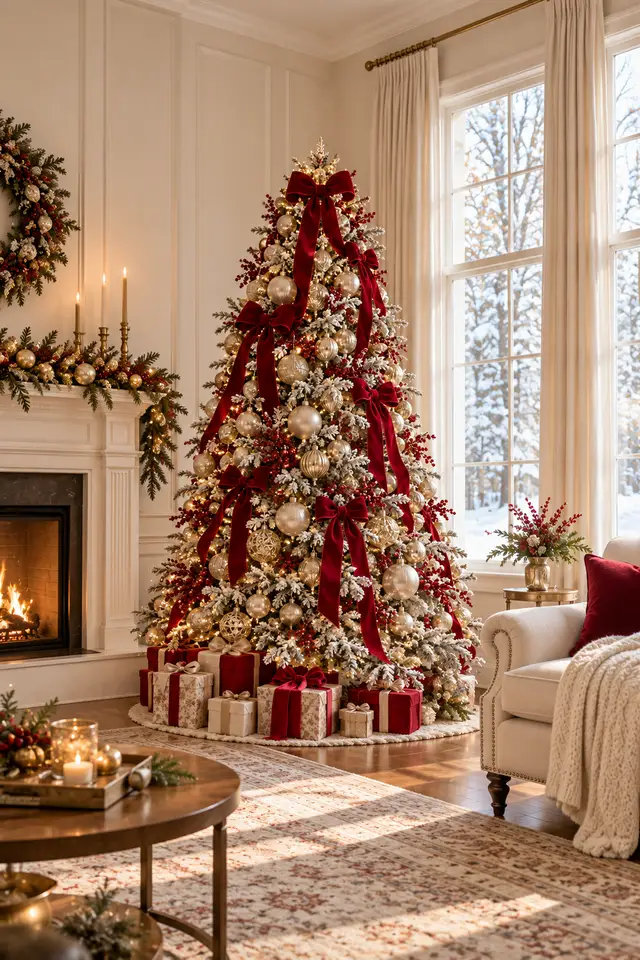 Flocked Christmas tree with oversized red velvet bows