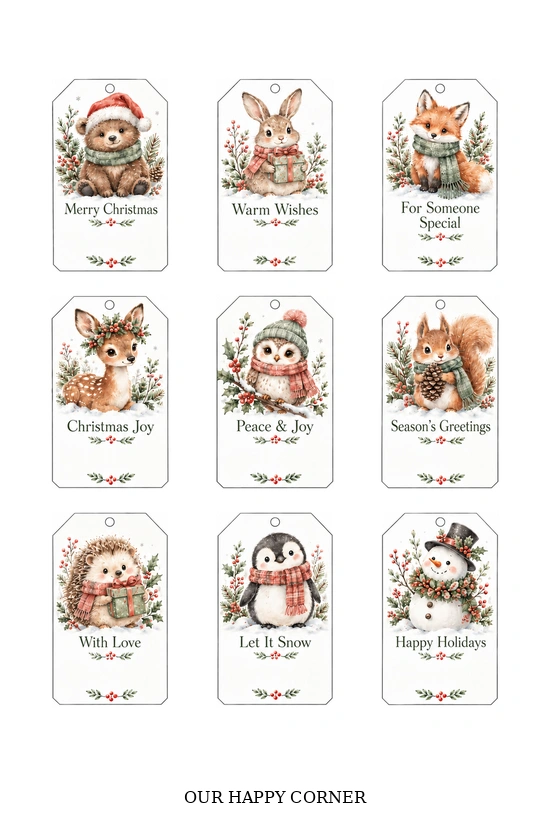 Woodland animal gift tags with varied Christmas greetings and blank writing space.