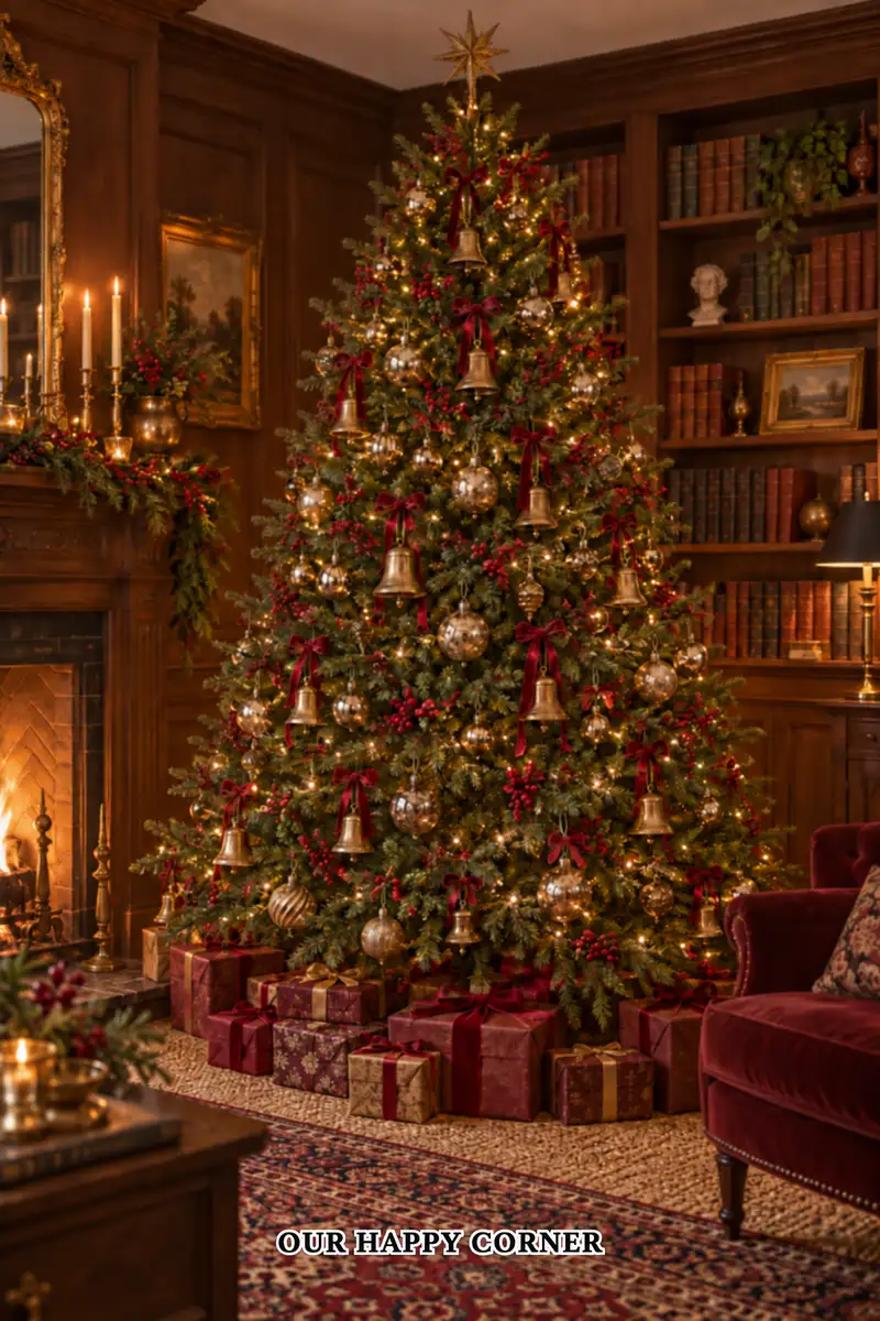 Christmas tree with antique gold bells and crimson velvet bows