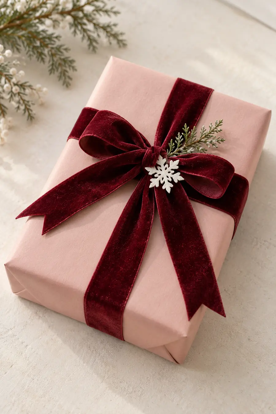 Blush pink gift with burgundy velvet bow and snowflake.