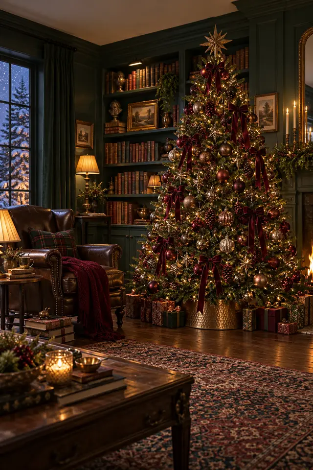Burgundy Christmas ornaments against an emerald green room