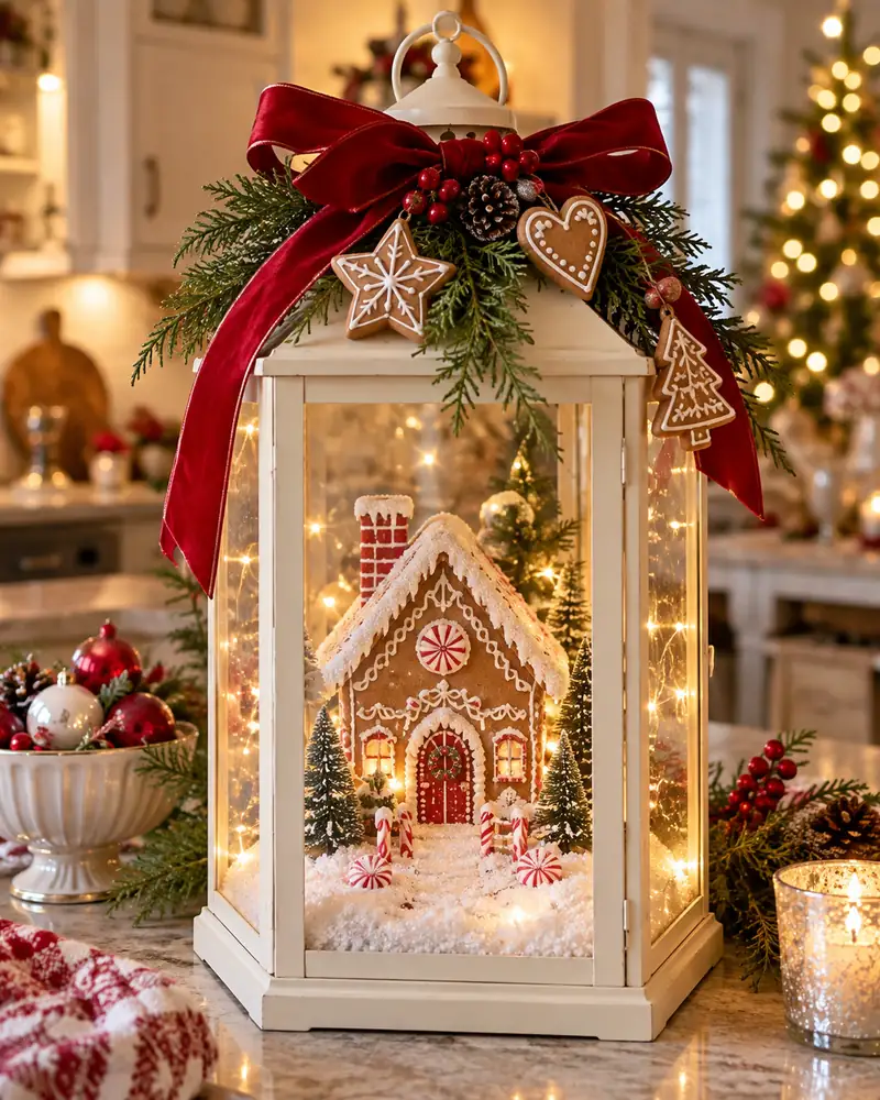 Gingerbread cottage with red velvet ribbon