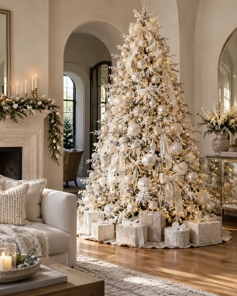 Pearl white Christmas tree beside a cream sofa