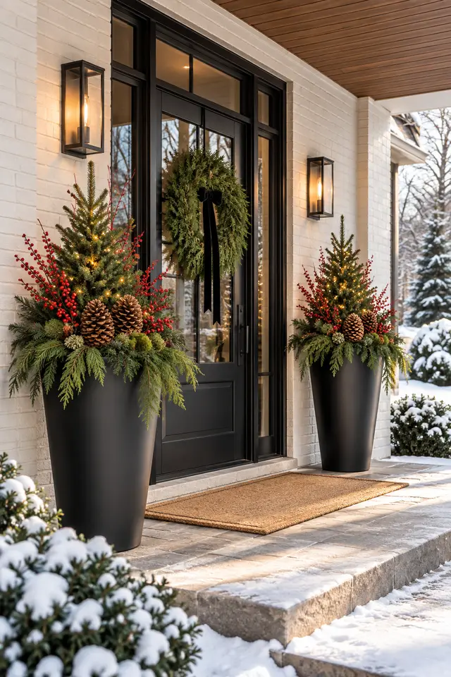 Christmas porch decor ideas with black planters and winter greenery