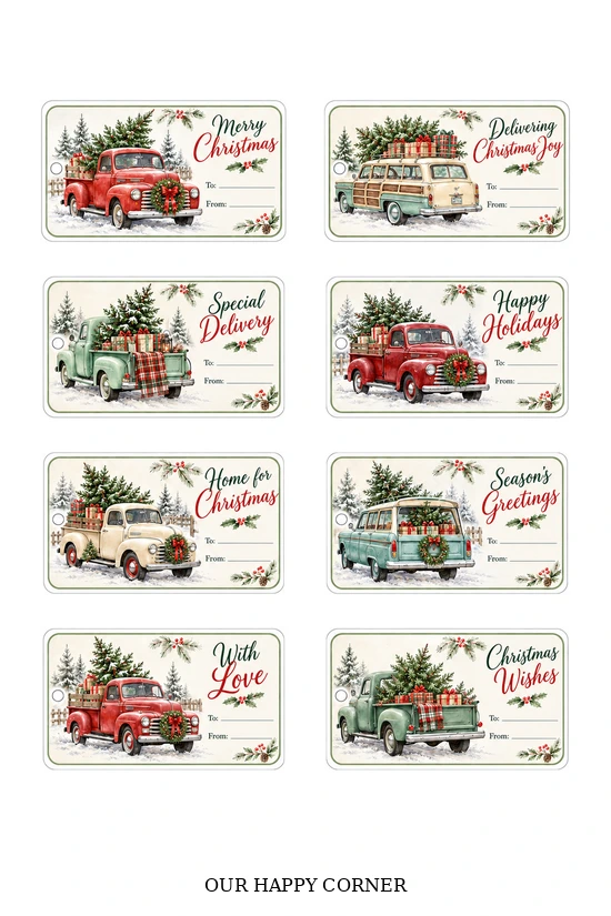 Vintage Christmas trucks and station wagons on horizontal printable gift tags.