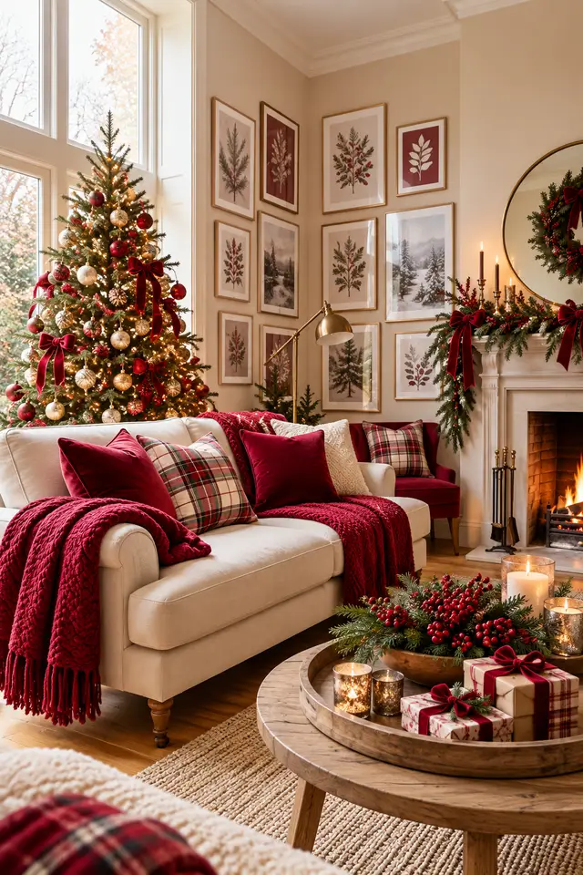 Cozy sitting room with cranberry pillows and Christmas greenery
