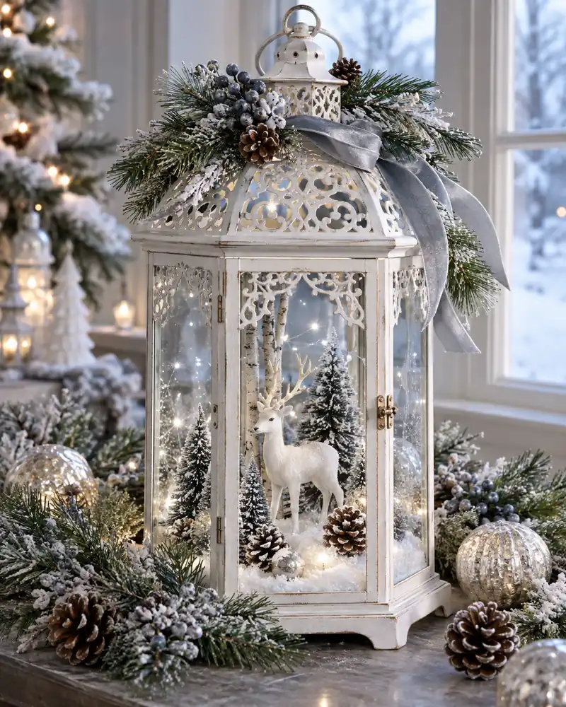 White deer lantern surrounded by frosted greenery and pinecones