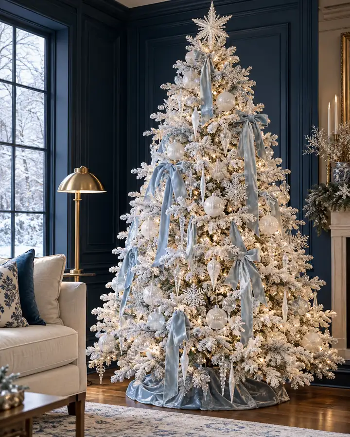 Icy blue ribbons on a white Christmas tree