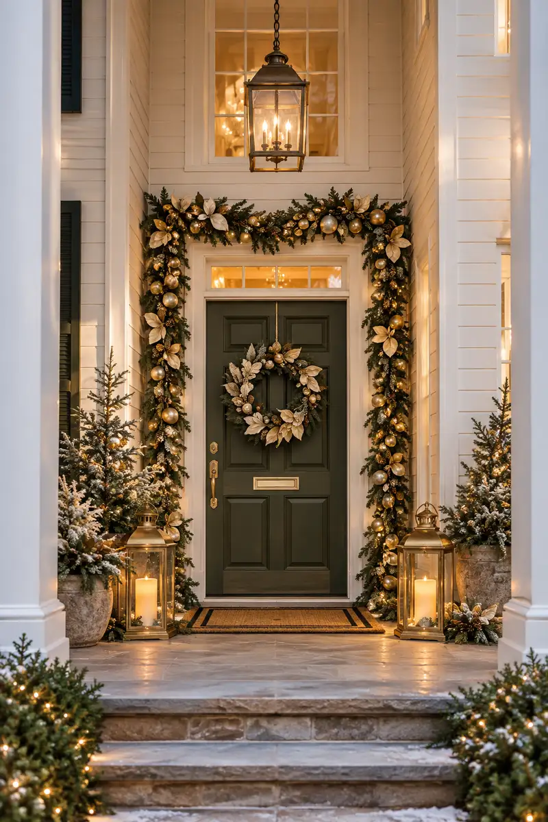Ivory Christmas porch with gold wreath and brass lanterns