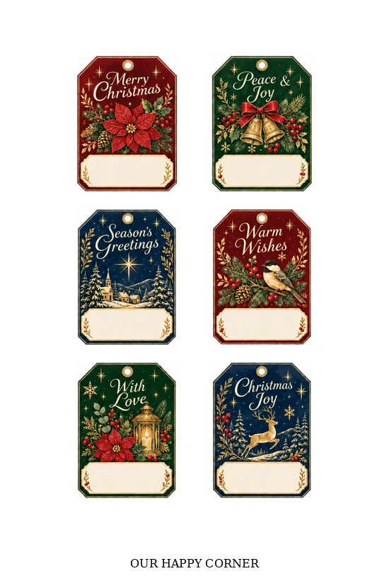 Free printable Christmas gift tags in red, green, and navy with gold details.