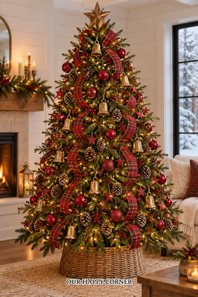 Red plaid Christmas tree with brass bells and a woven collar