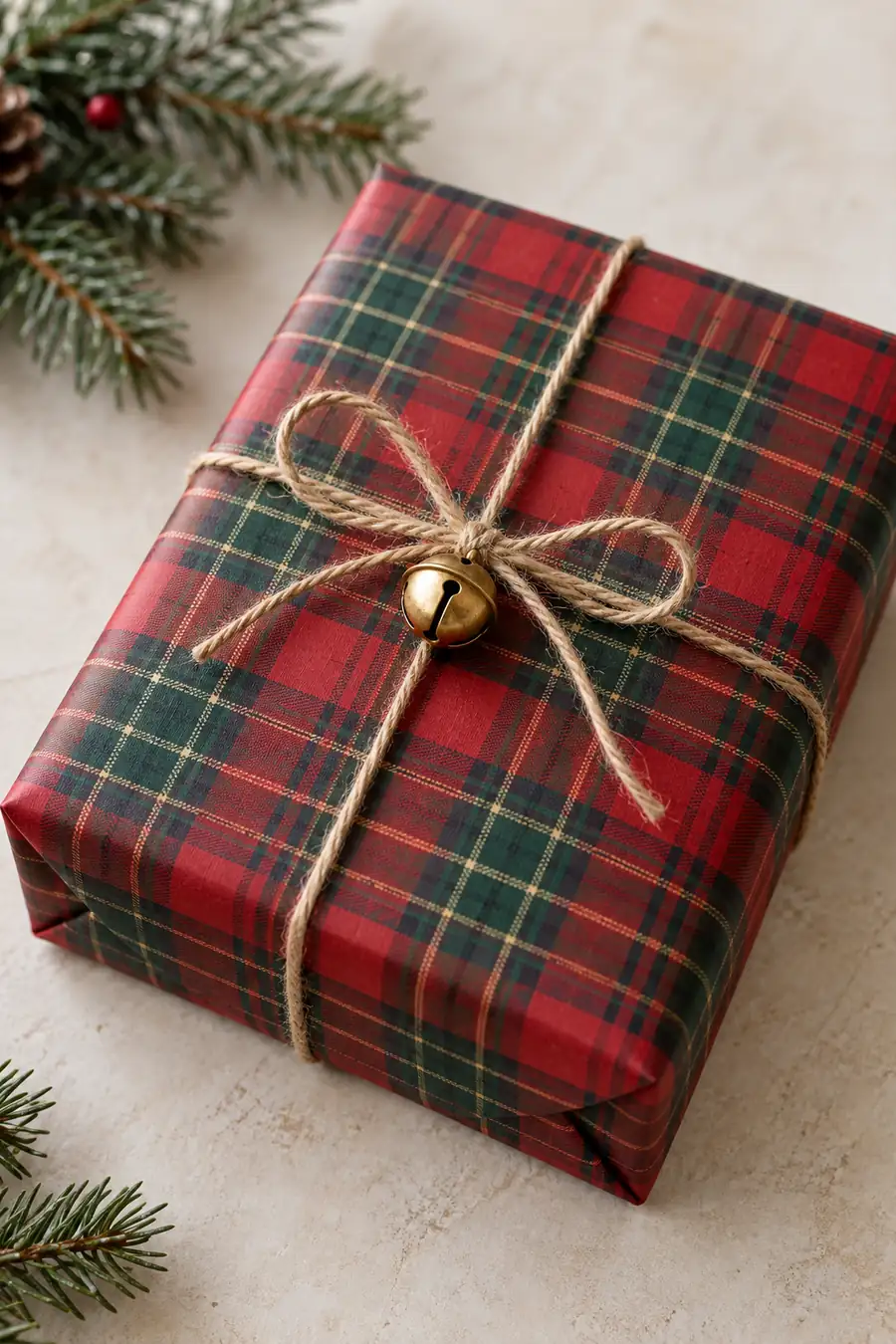 Plaid Christmas present tied with twine and a brass bell.
