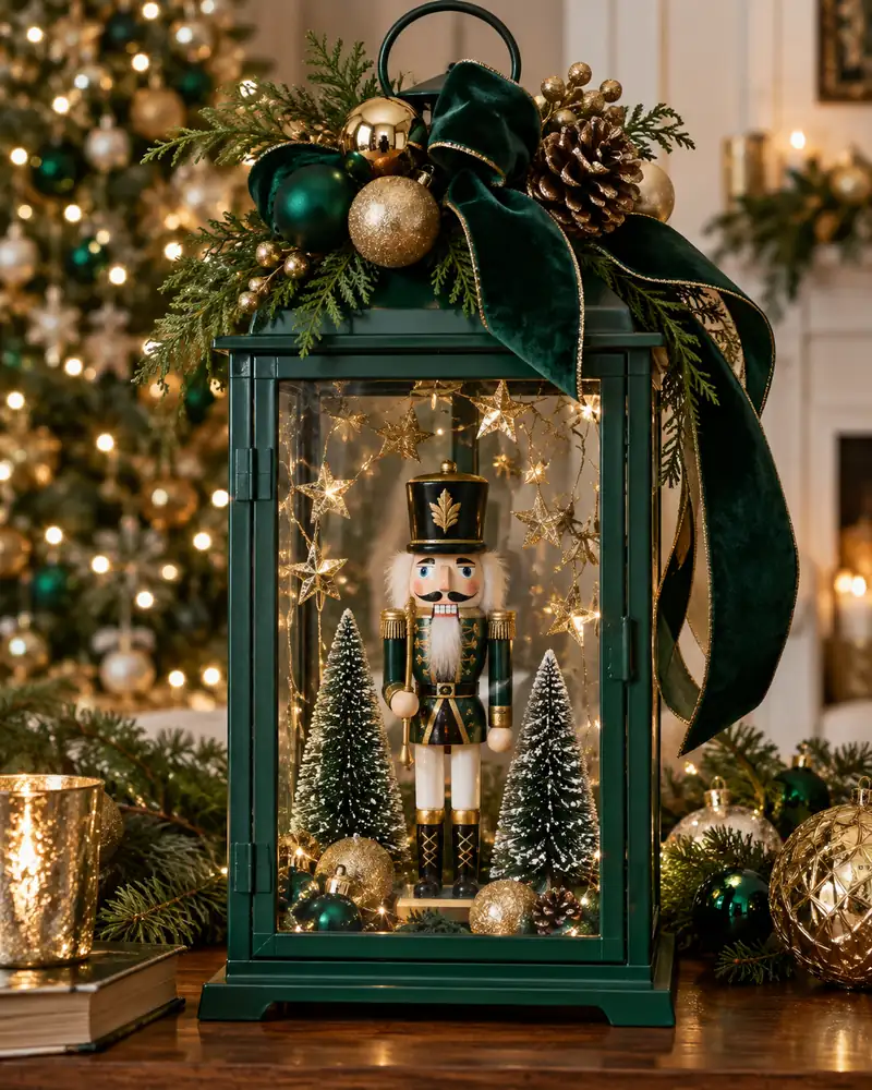 Emerald Christmas lantern displaying a nutcracker and gold stars