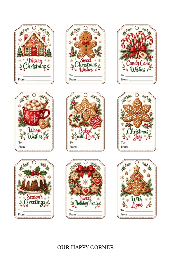 Gingerbread, candy cane, and hot cocoa tags with festive messages.
