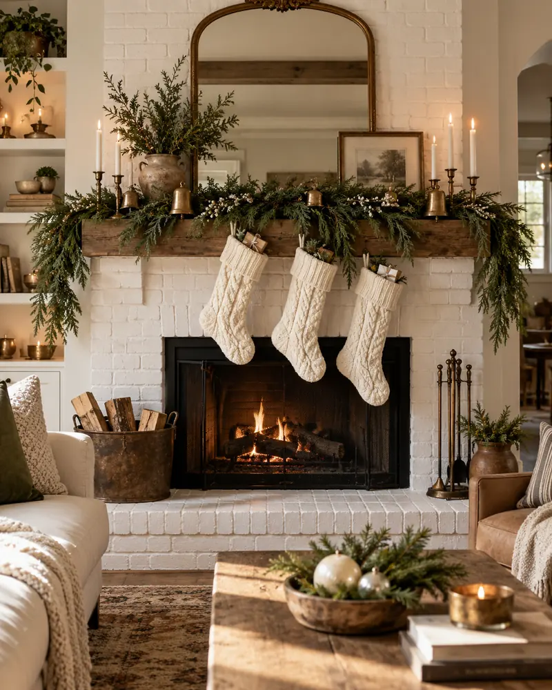 White knit stockings beneath a Christmas mantel