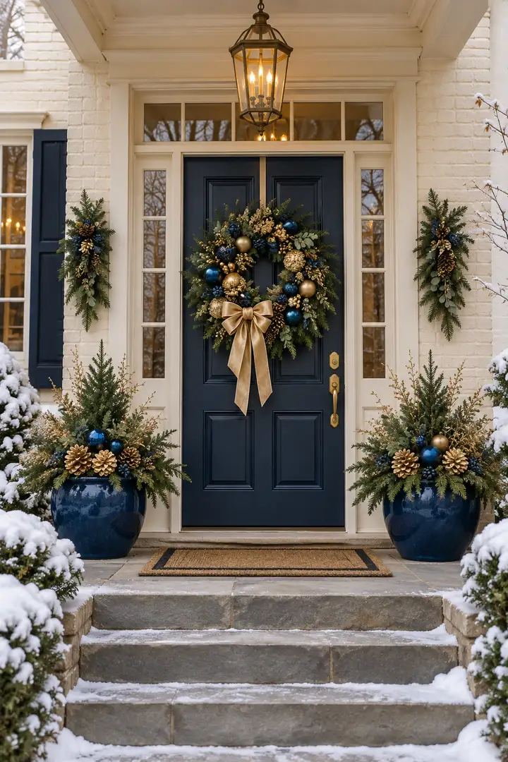 Navy door dressed with gold ribbon and blue Christmas ornaments
