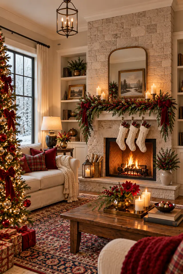 Red berry garland and knit stockings on a Christmas mantel