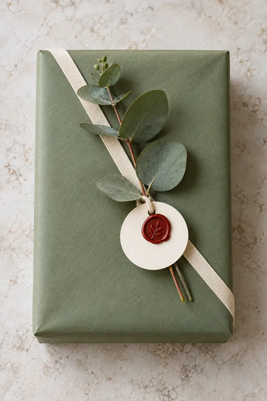 Sage green gift wrap with eucalyptus and round sealed tag.