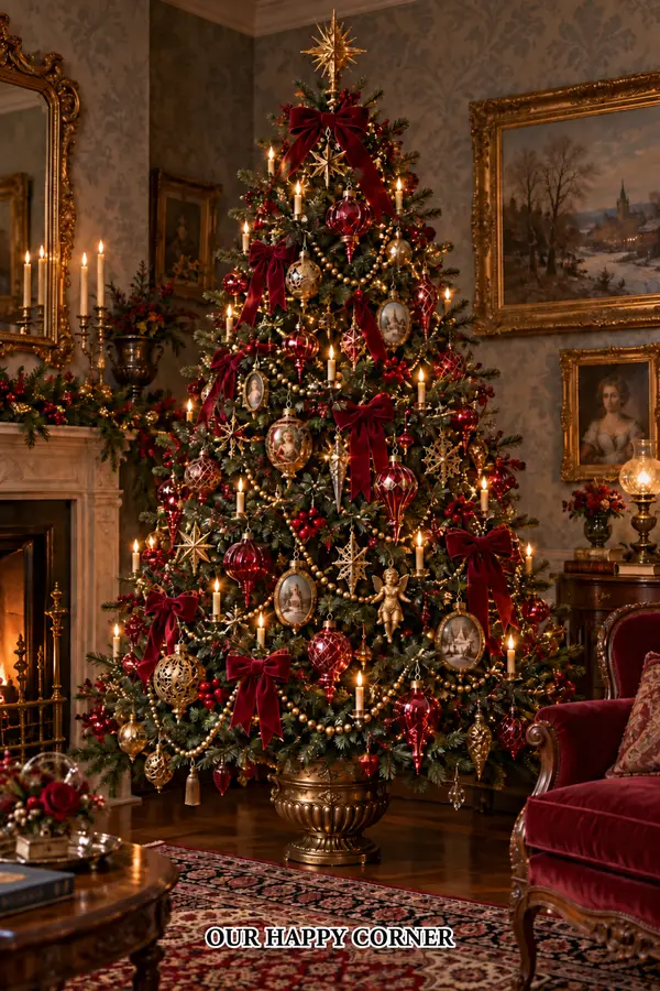 Victorian Christmas tree with ruby finials and ornate gold ornaments