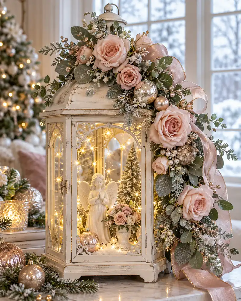 Blush rose Christmas lantern with angel figurine and eucalyptus
