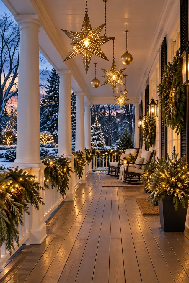 Covered porch with high hanging stars and warm Christmas lights