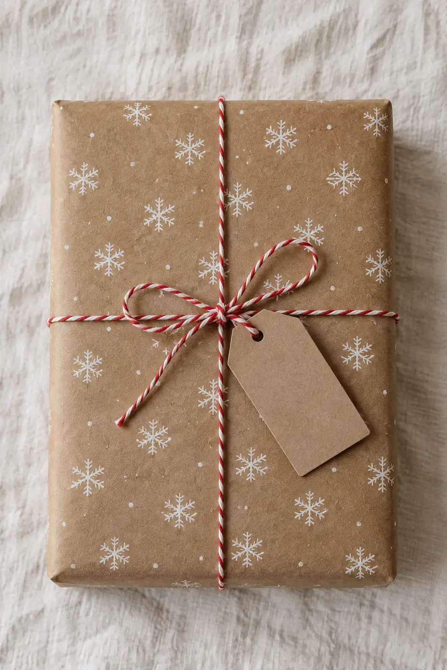 Kraft Christmas wrapping paper stamped with white snowflakes.
