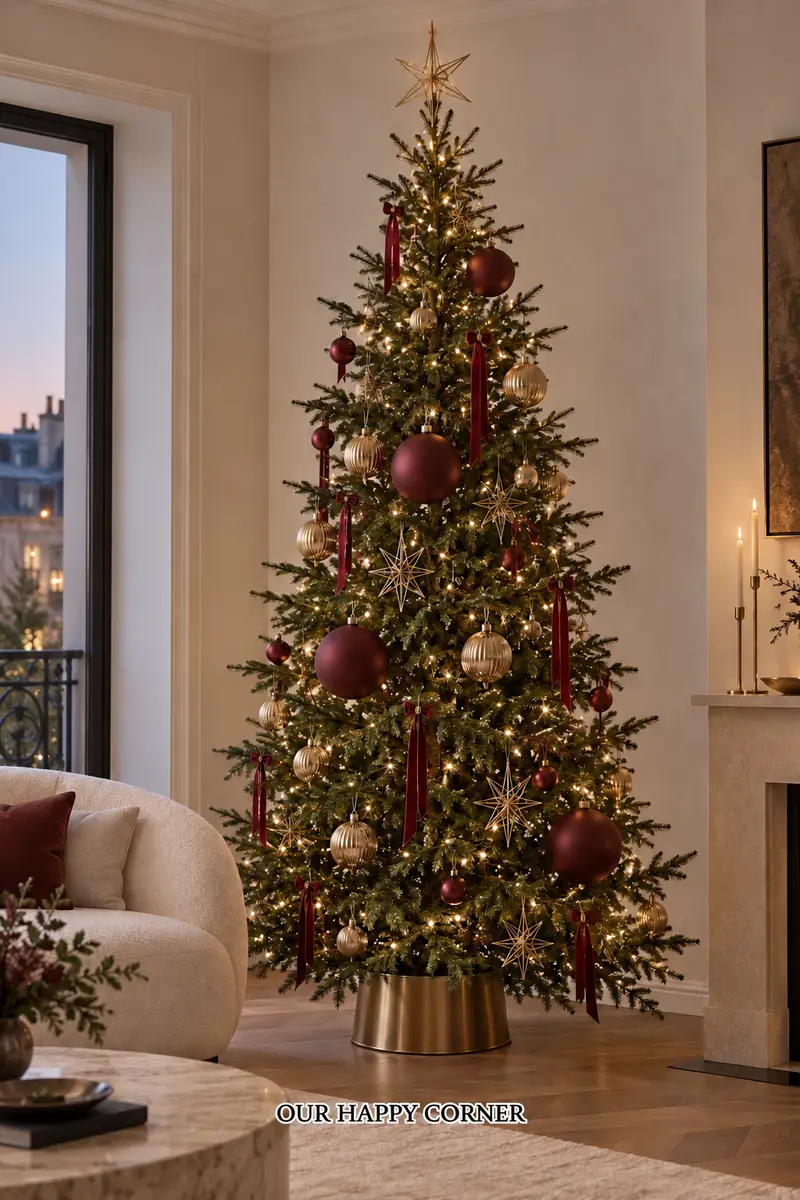 Modern Christmas tree with oversized oxblood baubles and brushed gold ornaments