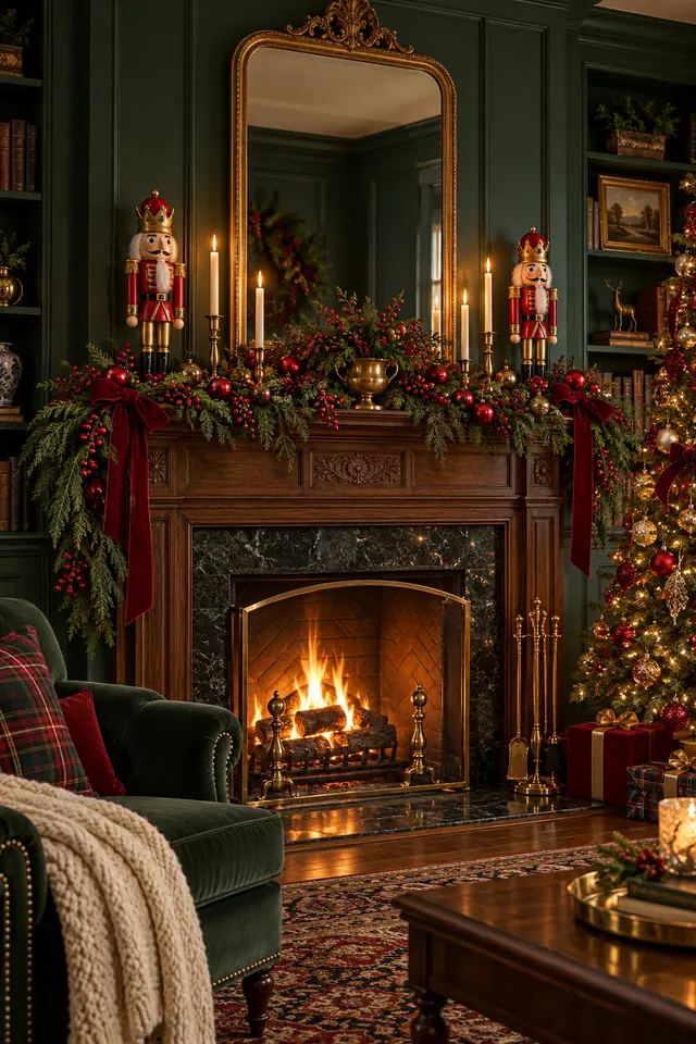 Christmas mantel with nutcrackers, red ribbon and greenery