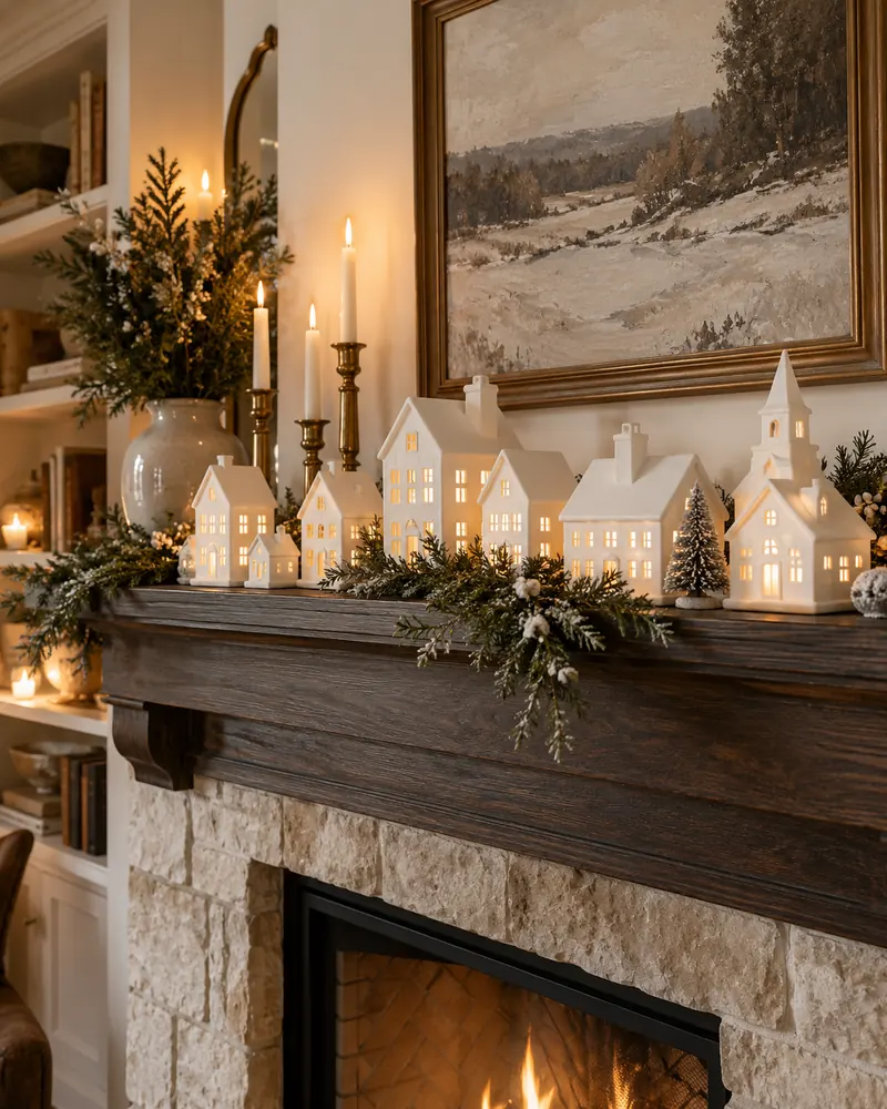 White ceramic Christmas village on a mantel