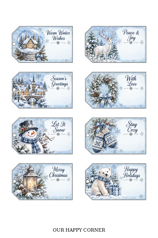 Icy blue winter gift tags with snow globes, deer, and cozy illustrations.