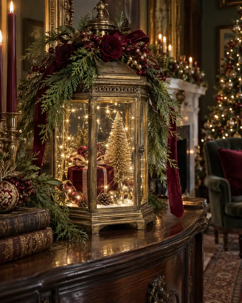 Antique brass lantern with burgundy roses and velvet gifts