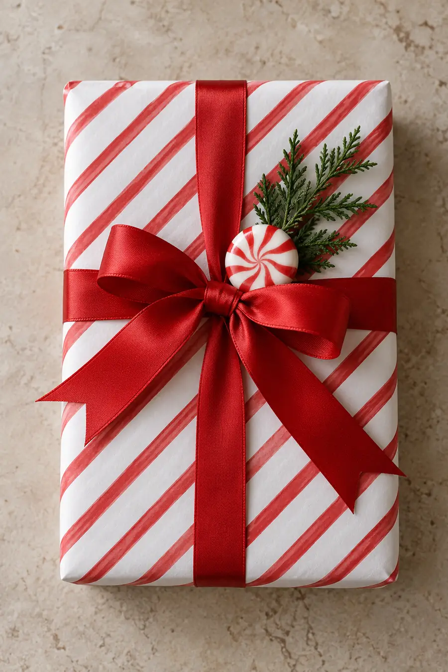 White Christmas gift with painted red stripes and peppermint.