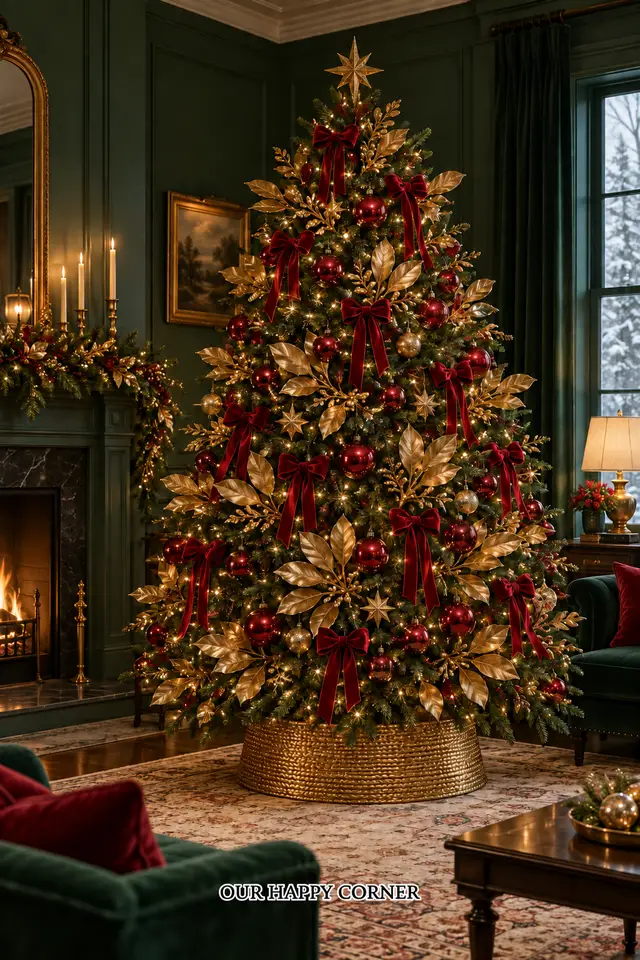Red and gold Christmas tree decorating ideas featuring gilded magnolia leaves
