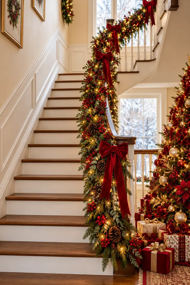 Stair rail decorated with red bows and Christmas garland