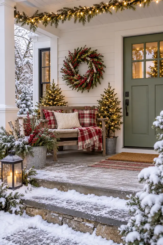 Farmhouse Christmas porch with a red plaid bench and small trees