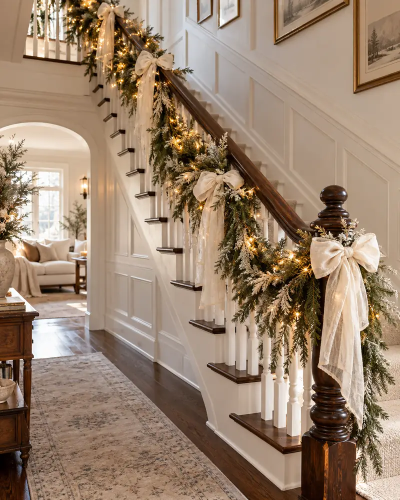 White Christmas decor ideas along a stair rail
