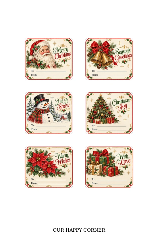 Vintage Santa, snowman, and tags with name lines.
