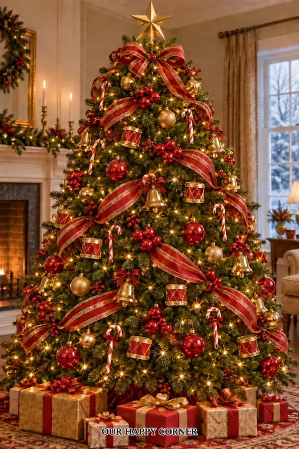 Christmas tree with red striped ribbon, gold bells, and toy drums