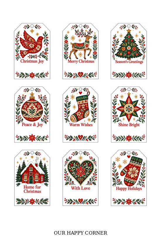 Folk-art tags with birds, reindeer, ornaments, and blank name spaces.